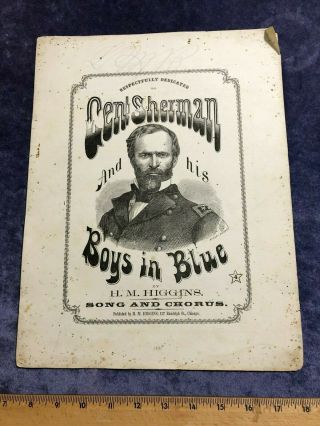1865 Patriotic Sheet Music " General Sherman And His Boys In Blue " Litho Portrait