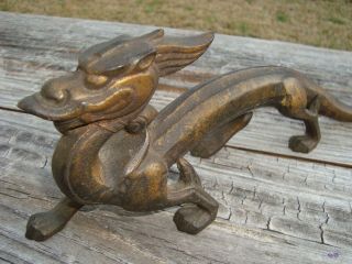 Vintage Chinese Archaic Style Cast Iron Gild Dragon Sculpture