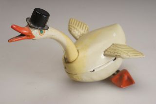 Vintage Kosuge Marx Japanese Tin Litho Wind - Up Toy Swan Goose Duck Bird W/tophat