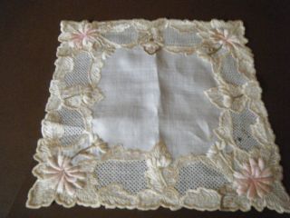 Rare Antique Bridal Hanky Doily Dresden Embroidery &drawn Lace Floral H Done
