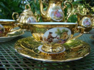 Old Vienna Porcelain Jkw Carlsbad Gold Bavaria Coffee Teacup Saucer Set 11 Pc