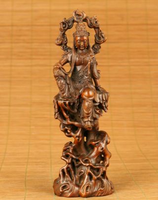 Antique Old Boxwood Hand Carved Kwan - Yin Buddha Statue Figure Netsuke
