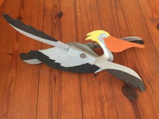 Vintage Pelican Whirligig Hand Painted Folk Art Spinning Wings Yard Art