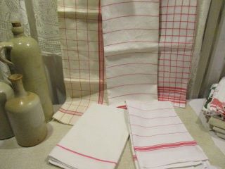 Bundle Of 5 Red & White Vintage French Torchons Tea Towels