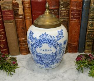 Antique German Dutch Blue And White Tobacco Tabak Porcelain Jar Brass Lid