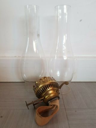 Antique Victorian Brass Oil Lamp Burner 39mm Screw,  2 Chimneys