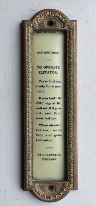 Vintage Ornate Art Deco Otis Intructions To Operate Elevator Sign Frame Plate