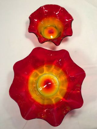 2 Vintage Blenko Amberina Mid Century Modern Art Glass Flared Ruffel Rim Bowls