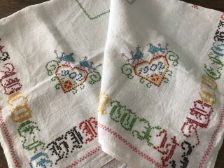 Antique Cross Stitched Linen Tablecloth