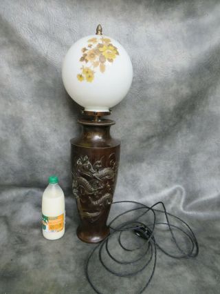 A Good Bronze Chinese Dragon Vase Table Lamp With Globe