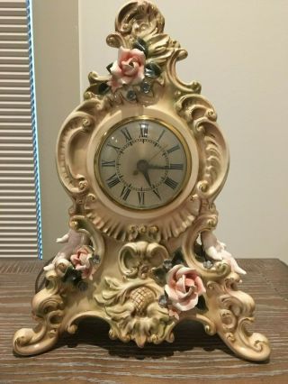 Vintage Sessions Mantle Shelf Clock Ceramic Porcelain W Roses And Cherubs
