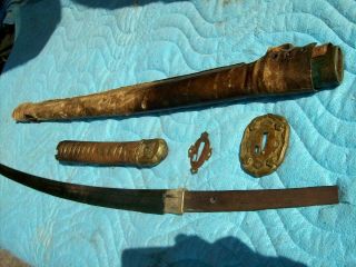 Vintage Japanese Officer Katana Sword Signed Tang & Tsuba Leather/wood Scabbard