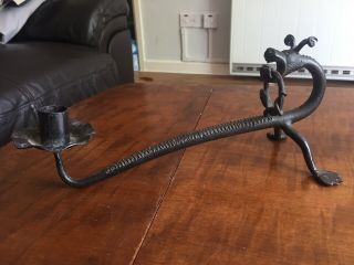 Antique/vintage? Chinese? Hand Forged Candle Stick Holder Dragon Holding A Snake