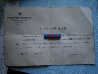 1959 YUGOSLAVIA ORDER OF LABOR 3rd degree SILVER WREATH DECREE MEDAL 4