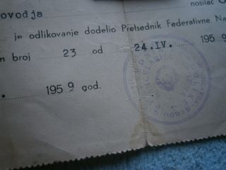 1959 YUGOSLAVIA ORDER OF LABOR 3rd degree SILVER WREATH DECREE MEDAL 5