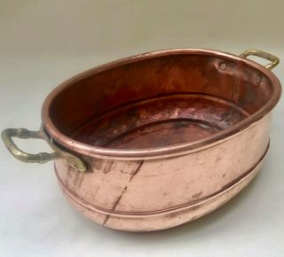 Antique French Oval Shape Copper Handmade Jardiniere With Two Brass Handles