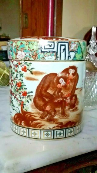 Antique Chinese Monkeys Gold Trimmed Porcelain Lidded Cannister - - See Trademark