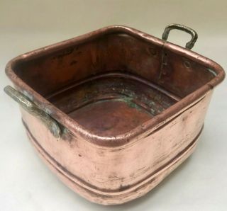 Antique French Rustic Square Copper Handmade Jardiniere With Two Brass Handles