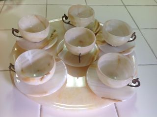 Vintage Alabaster 6 Set Tea Cups With A Tray Lath Turned Carved Solid Marble