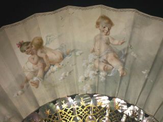 FINE FRENCH ART NOUVEAU MOTHER OF PEARL GOLD INLAY HAND PAINTED CHERUB SCENE FAN 5