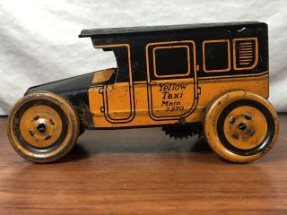 Vintage 1920’s J.  Chein & Co.  Tin Litho Pressed Steel Wind Up Yellow Taxi Toy 8