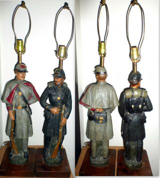 Rare Vintage 2 Dunning Industries 1971 Union Confederate Civil War Soldier Lamps