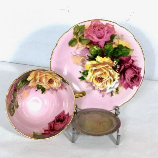Vintage Stanley Pink Tea Cup & Saucer With Yellow & Pink Roses