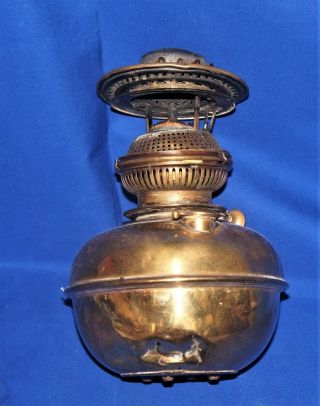 Antique Large Oil Lamp Brass Column and Base,  Resevoir and Burner 6