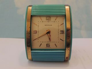 Vintage Westclox Travel Alarm Wind Up Clock With Roll Up Front.  Turquoise