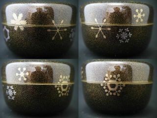 Japanese Lacquer Resin Tea caddy SNOW CRYSTALS design in makie HiraNatsume (402) 2