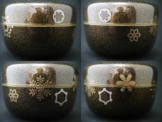 Japanese Lacquer Resin Tea caddy SNOW CRYSTALS design in makie HiraNatsume (402) 3