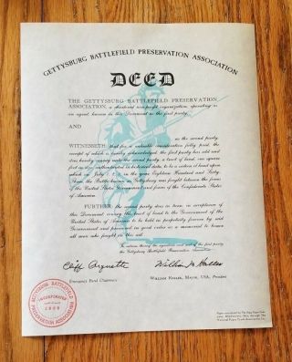 Authentic 1959 Deed To The Gettysburg Battlefield - Historic - Read