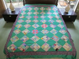 Vintage Hand Pieced Feed Sack,  Many Novelty Prints,  Nine Patch On Tip Quilt Top