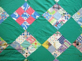 Vintage Hand Pieced Feed Sack,  Many Novelty Prints,  NINE PATCH ON TIP Quilt TOP 3