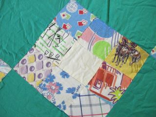 Vintage Hand Pieced Feed Sack,  Many Novelty Prints,  NINE PATCH ON TIP Quilt TOP 5