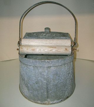 Antique De Luxe Oval Metal Mop Bucket Wringer Deluxe Galvanized Wood Rollers