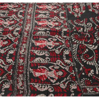 Sanskriti Vintage Black Saree 100 Pure Silk Craft 5 Yd Fabric Batik Print Sari
