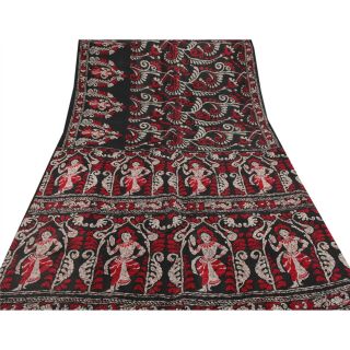 Sanskriti Vintage Black Saree 100 Pure Silk Craft 5 Yd Fabric Batik Print Sari 4