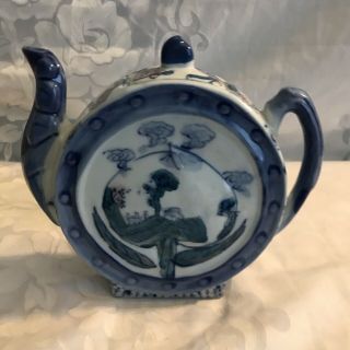 Antique Chinese Porcelain Cobalt Blue White Teapot With Tiny Pink Flowers