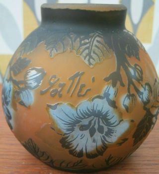 Art Nouveau Style Cameo Glass Globe Vase Blue Fuschia Flowers Galle