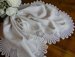 Antique Rustic Homespun Linen/ Crochet Cotton Edge Runner/tablecloth