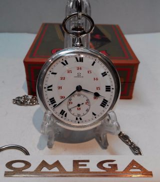 Vintage Swiss Made Mens Pocket Watch Omega Solid Silver Open Face Box And Chain