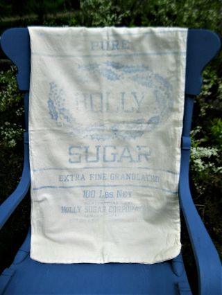 Lg Antique Holly Sugar Sack Blue And White