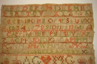 Antique marriage sampler with crowns alphabet 4