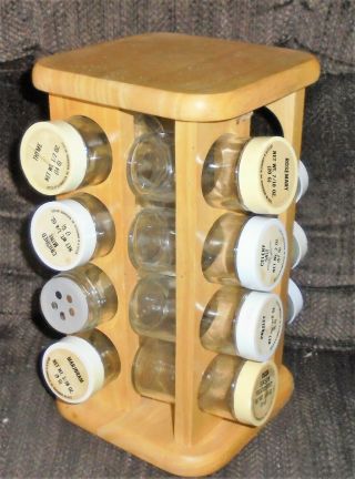 Vintage Rotating Revolving Spice Rack Countertop Wooden W/16 Glass Bottles
