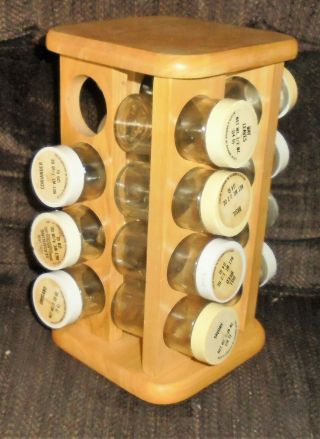Vintage Rotating Revolving Spice Rack Countertop Wooden w/16 Glass Bottles 2