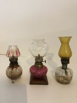 3x Small Oil Lamps Glass Pink Yellow Floral Pattern Vintage