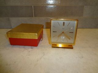Vintage Imhof Swiss Brass Mantle Desk Clock 15 Jewels Day Date Box