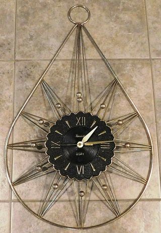 Vntg Mid Century Modern Roxhall Brass Teardrop Sunburst Wall Clock - Keeps Time