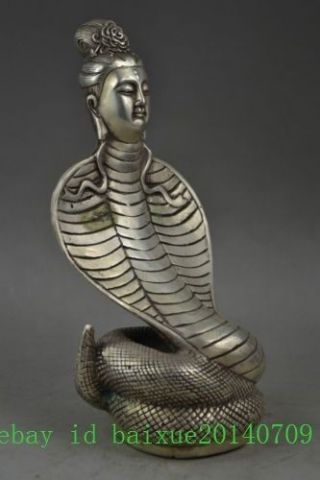 China old copper plating silver Snake Body Bodhisattva Head Buddha Statue d02 2